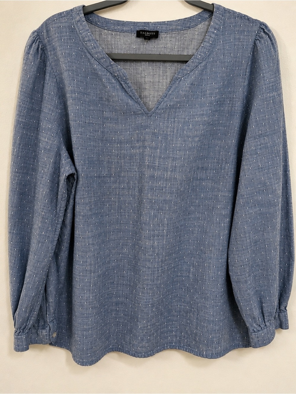 Talbots L Blue Textured Swiss Dot Blouse | Lightweight Long Sleeve Top